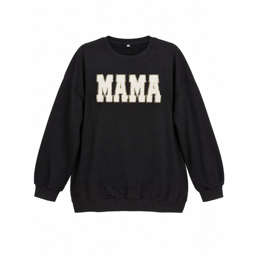 NWOT Black Mama Textured Varsity Letter Crewneck Sweatshirt Gold Trim